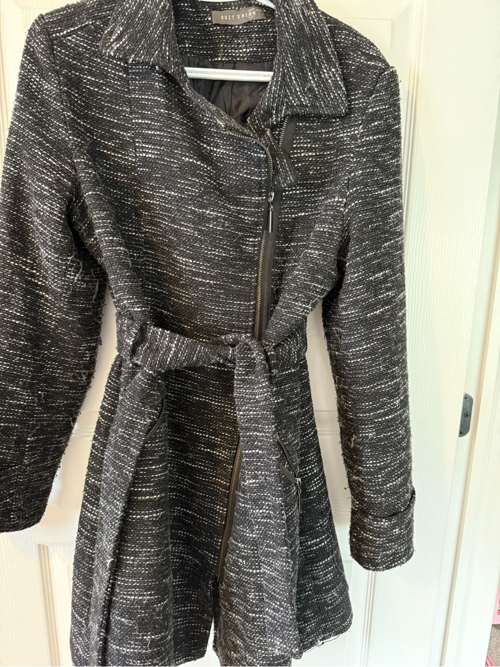 Suzy Shier Black and White Tweed Belted Jacket